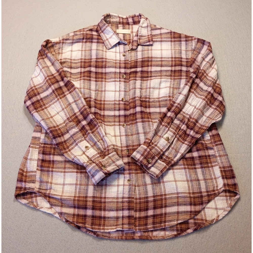 Altar'd State Button Up Shirt Women's Sz XS Flannel Plaid Brown & Pink Cozy